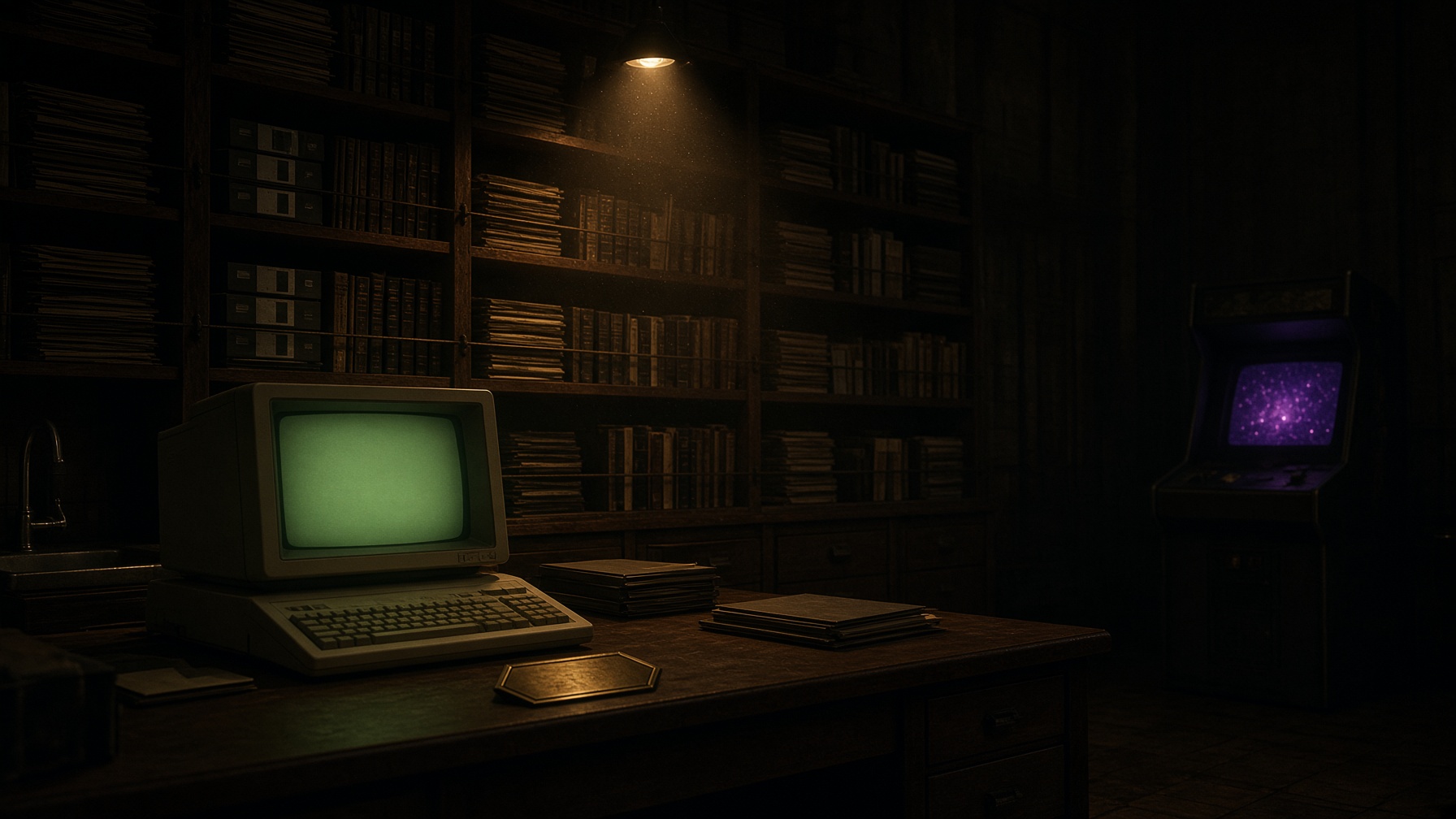 The reading room: a CRT terminal, floppy-disk stacks, and a brass 59 plaque